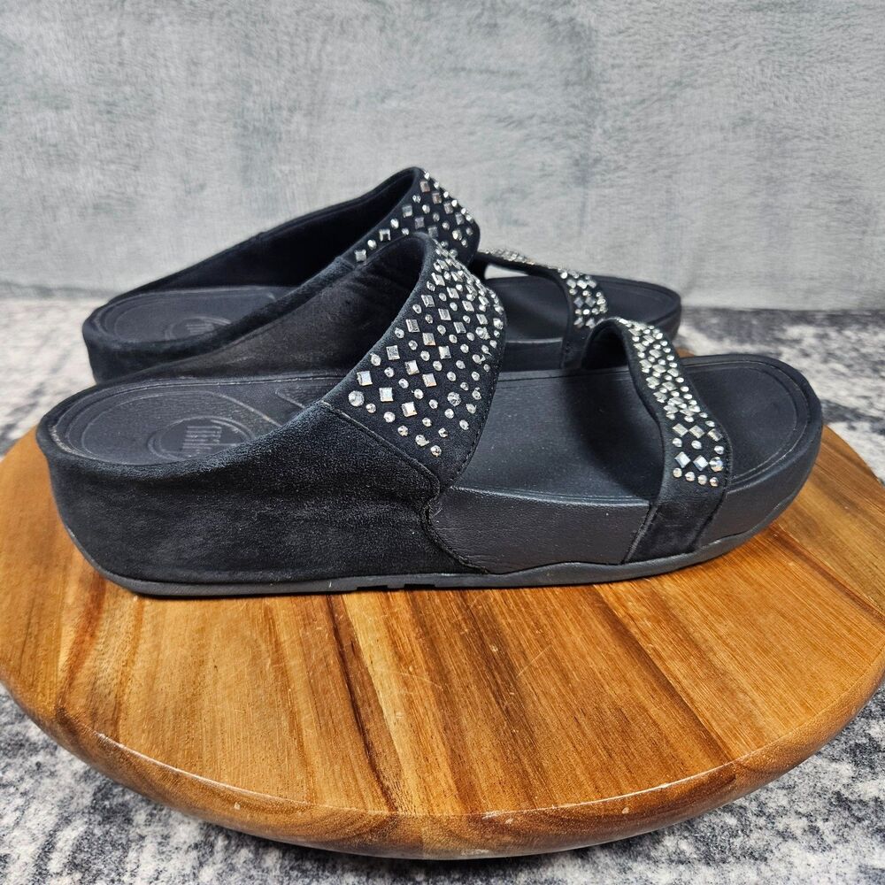 FitFlop LuLu Studded Wedge Sandals Womens Size 9 Navy Slip On Straps Slide